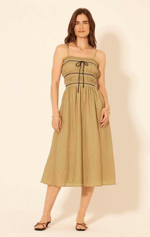 Light brown EMMA SLEEVELESS SMOCKED MIDI DRESS with ruched bodice and black tie detail