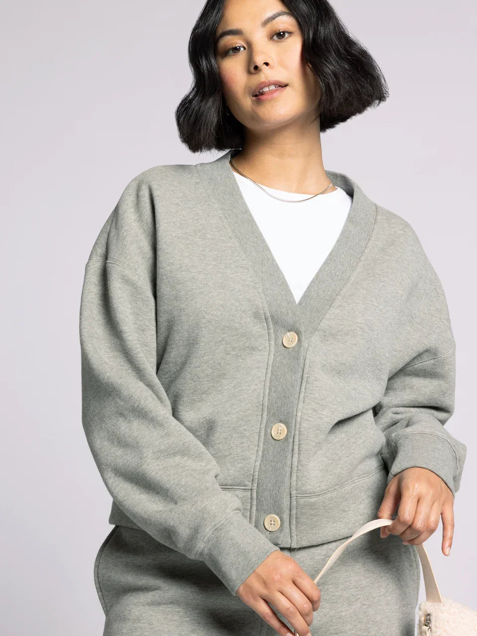 Light gray Thread and Supply Mirabel Cardigan with button closure and ribbed details