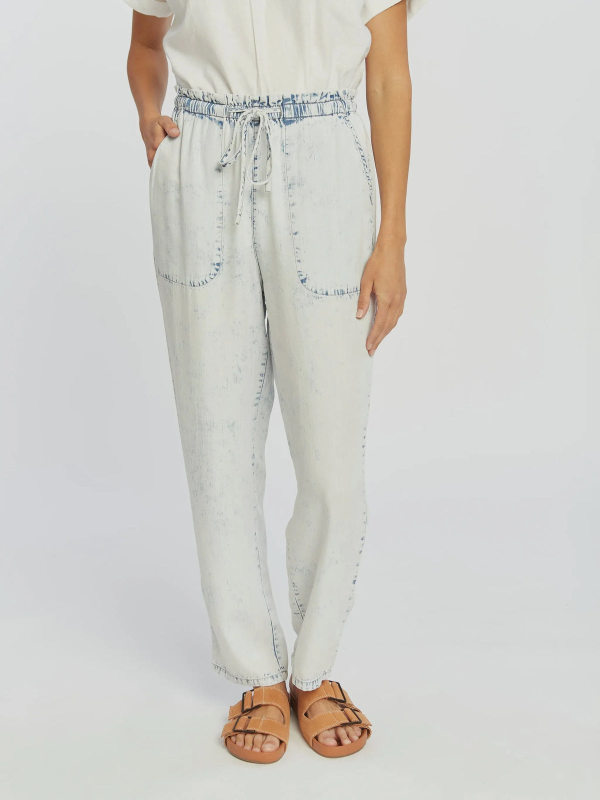 Light gray distressed Thread and Supply Nellie Pants with drawstring waist