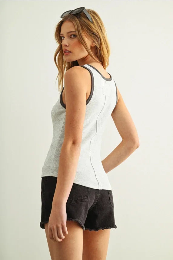 Light gray color contrasted tank top with black trim and seam details