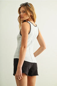 Light gray color contrasted tank top with black trim and seam details
