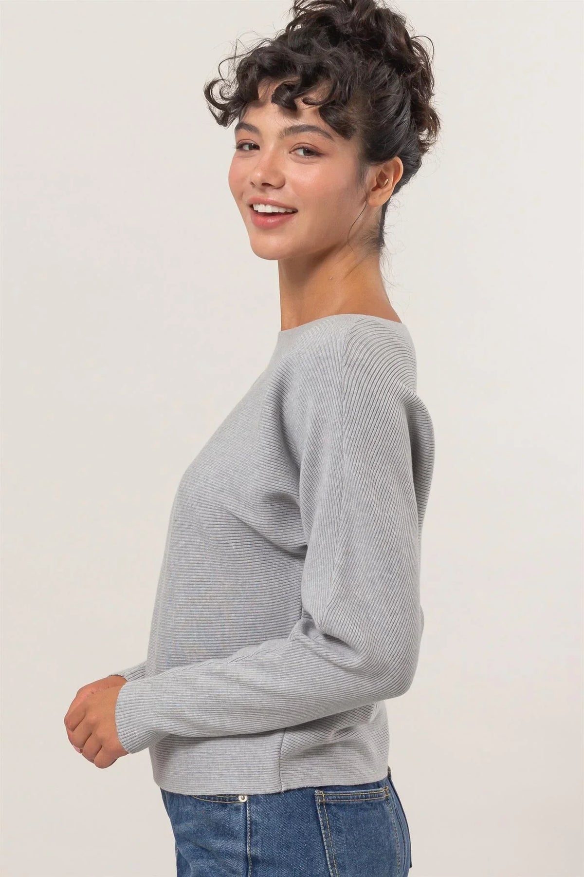 Light gray ribbed long sleeve sweater, BOAK NECKLINE LONG SLEEVE SWEATER, stylish design