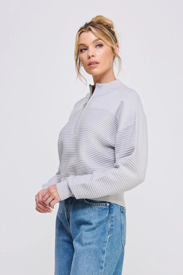 Light gray ribbed mock neck sweater with stripes from FINE GAUGE DOLMAN HALF ZIP collection