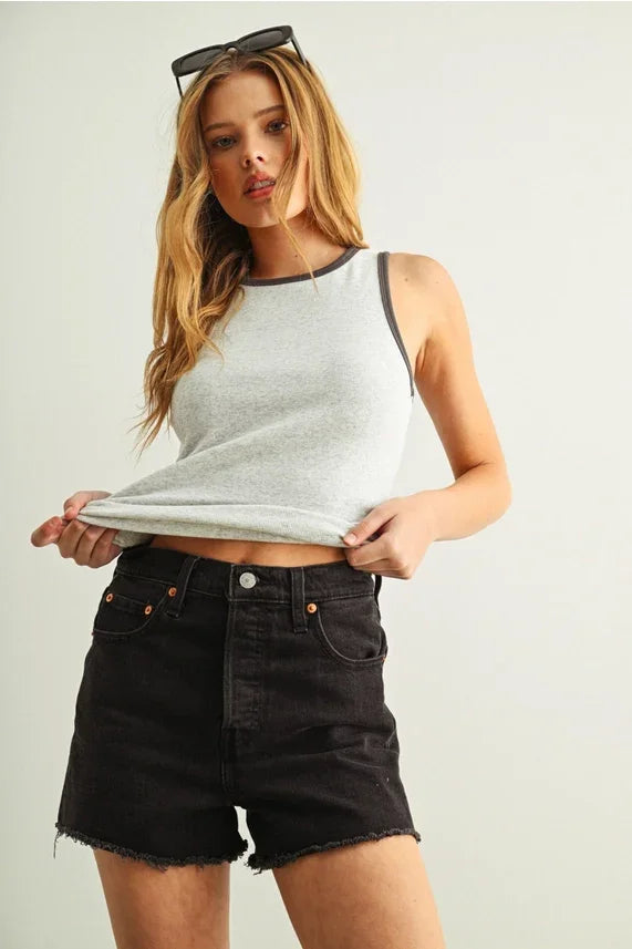 Light gray color contrasted tank top with black ribbed neckline