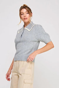 Light gray collared puff short sleeve sweater with white ribbed collar