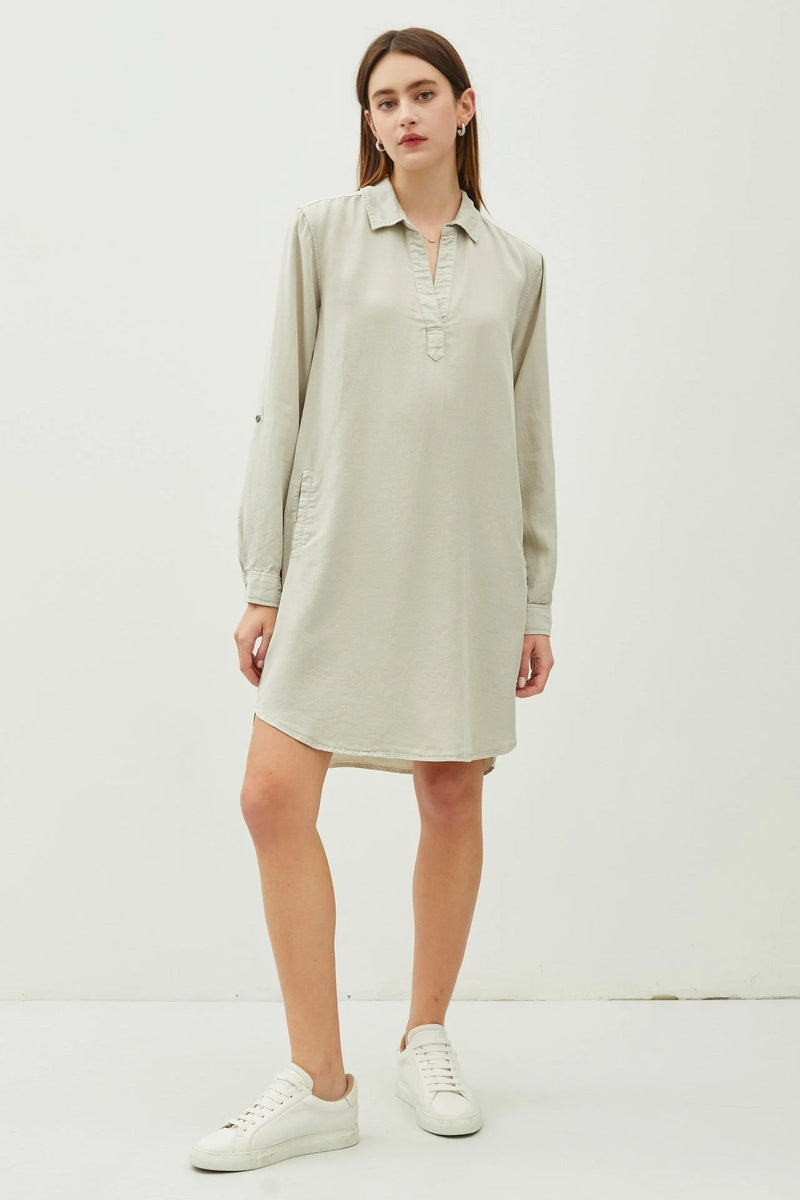 Light green TENCEL dress with roll tab sleeves, perfect for women’s boho chic clothing from Shop Daisy