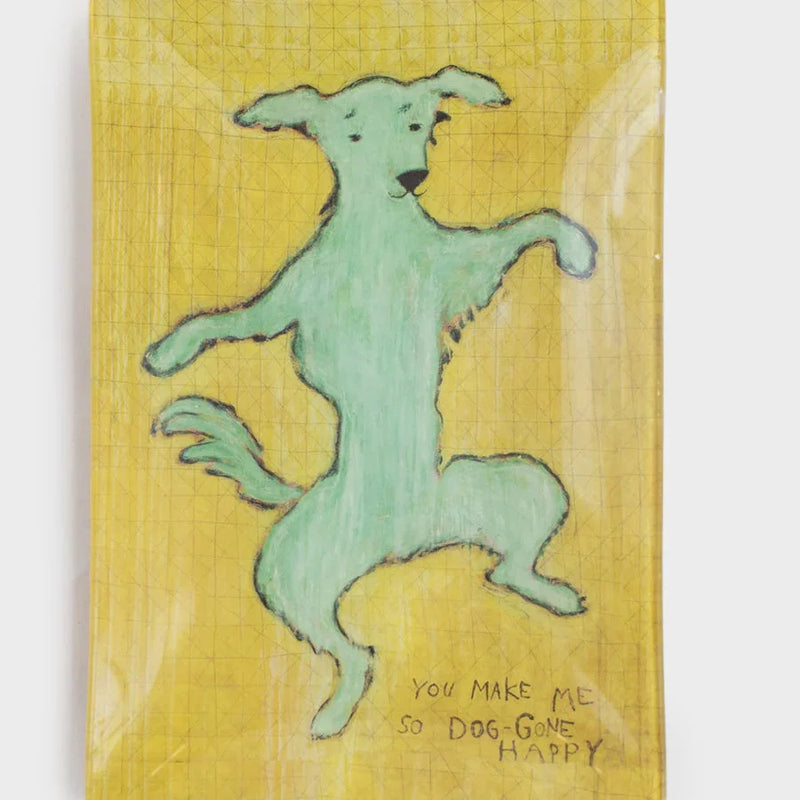 Light green dancing dog illustration on yellow background for Dancing Dog Large Rectangle Decoupage Plate