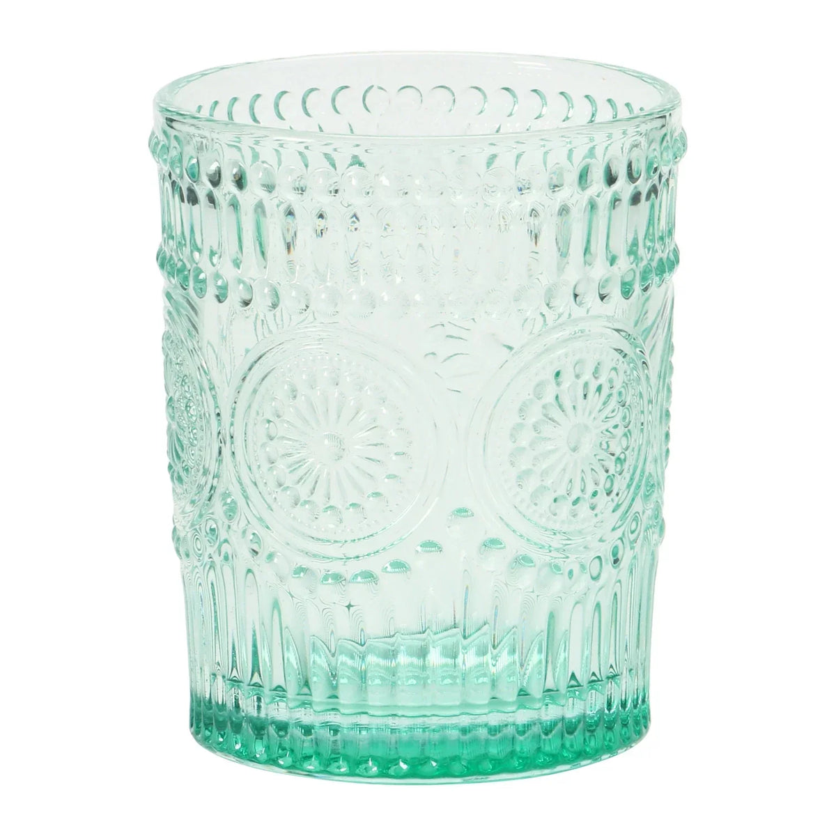 Light green embossed drinking glass with intricate vertical ridges and floral motifs