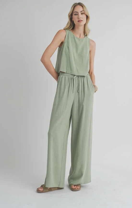 Light green sleeveless jumpsuit with wide-leg pants and drawstring waist, Sugarloaf Linen Pants