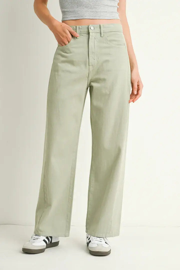 Light green wide-leg jeans from HIGH RISE BARREL DENIM JEAN TWIST, perfect for women’s boho chic clothing