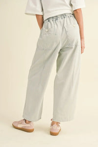 Light green stripe washed barrel shaped pants with pockets for a stylish look