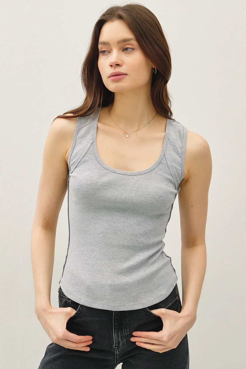 Light grey ribbed tank top with exposed raw seam, perfect for women’s boho chic clothing from Shop Daisy
