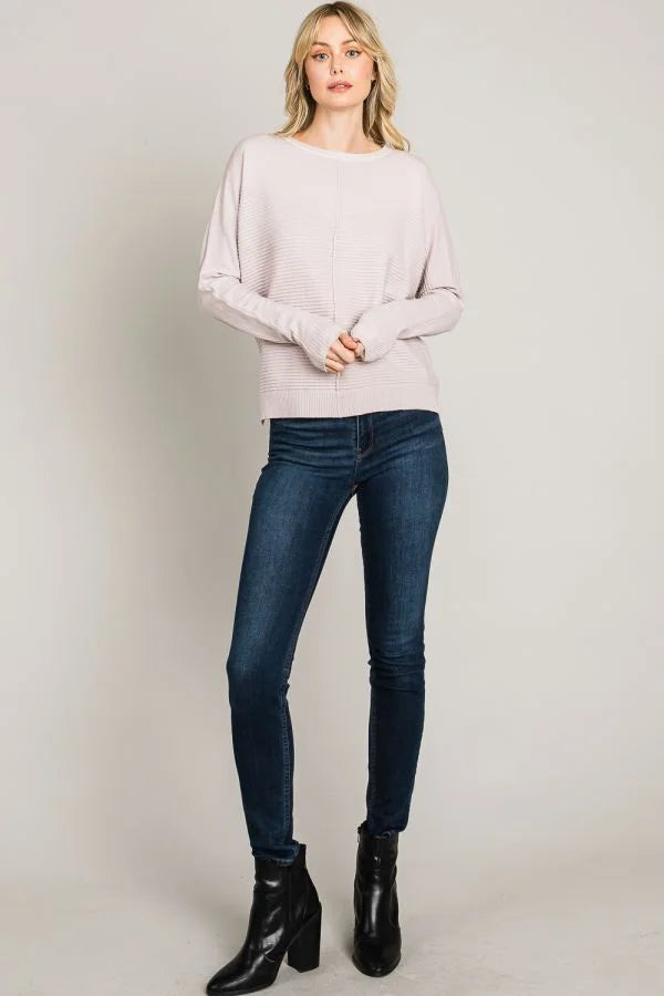 Soft mixed texture sweetheart fine gauge pullover in light pink with dark wash skinny jeans and black ankle boots