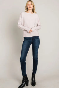 Soft mixed texture sweetheart fine gauge pullover in light pink with dark wash skinny jeans and black ankle boots