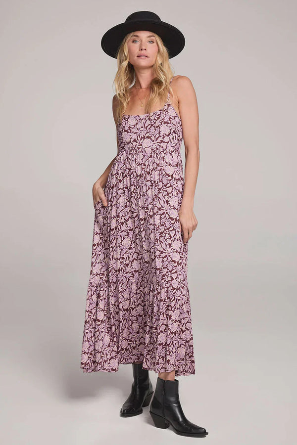 Rene Spaghetti Straps Midi Dress in light pink with black floral print and tiered skirt