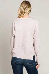 Light pink ribbed long-sleeve sweater from SOFT MIXED TEXTURE SWEETHEART FINE GAUGE PULLOVER