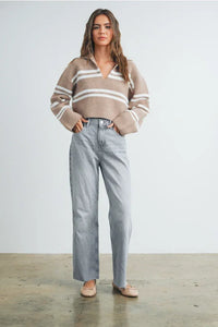Light wash straight-leg jeans paired with a Stripe Crop Collar Sweater Top for a stylish look
