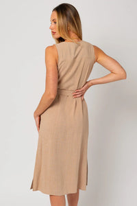 Beige linen Sleeveless Button Down Midi Length Dress with Band Tie Front and Pocket