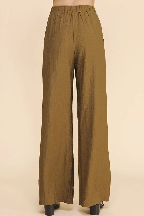 Flowy textured soft pull-on pants in olive, showcasing a stylish and comfortable design