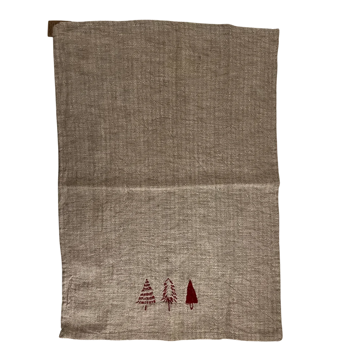 Linen tea towel with cotton embroidered Christmas trees, ideal for women’s boho chic clothing