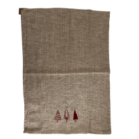 Linen tea towel with cotton embroidered Christmas trees, ideal for women’s boho chic clothing