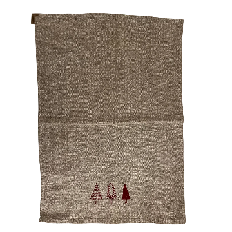 Linen tea towel with cotton embroidered Christmas trees, ideal for women’s boho chic clothing