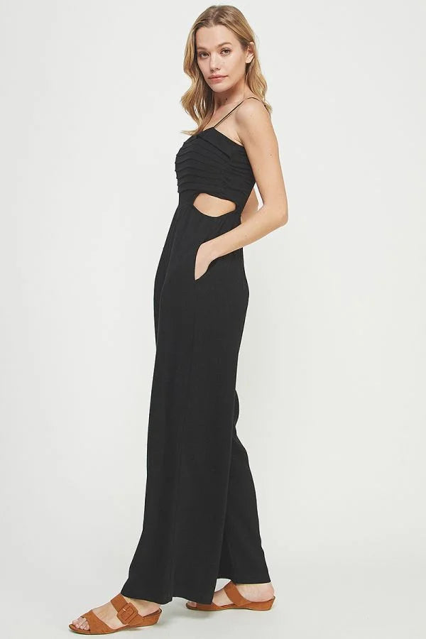 Long black sleeveless jumpsuit women with cutout details in soft linen fabric