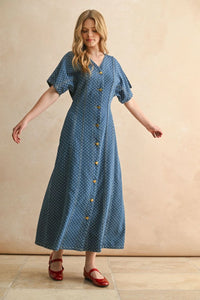 Blue dot print detail button front dress, women’s boho chic clothing from Shop Daisy