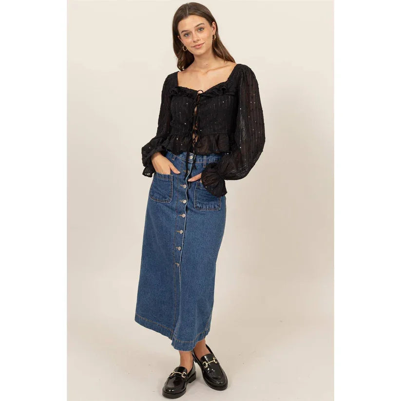 Long button-front denim skirt styled with Ruffle Trim Tie-Front Glittered Blouse from Shop Daisy