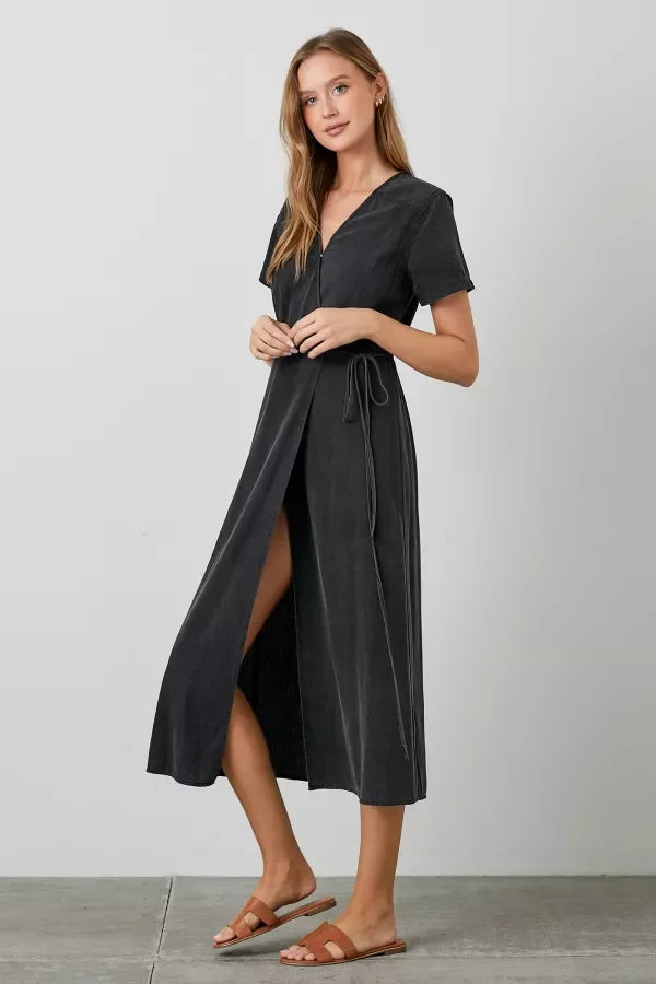 Long dark Chambray Wrap Midi Dress with short sleeves and a stylish side slit