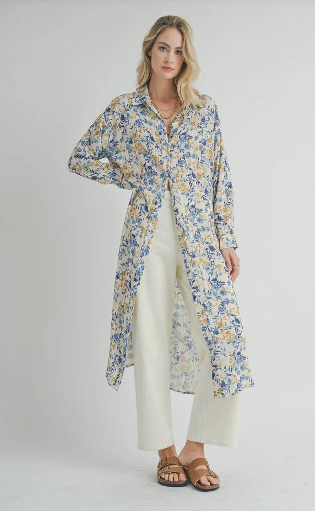 Long floral print Heirlooms Duster Dress with collar and button-down front