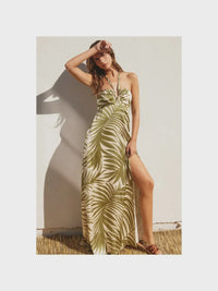 Halter neck maxi dress with palm leaf print and high side slit for stylish summer wear