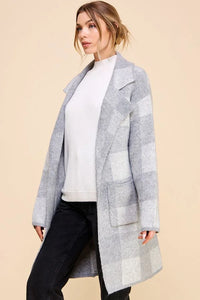 Long gray and white Cozy Plaid Lapel Cardigan with patch pockets and notched lapels