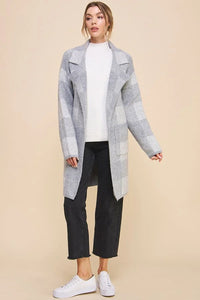 Long gray wool coat with notched lapels, featured in Eazy Cozy Plaid Lapel Cardigan