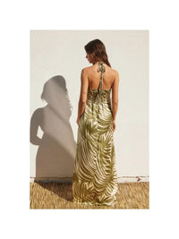 Long Halter Neck Maxi Dress in green and white zebra print pattern stylish design