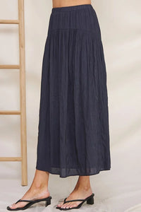 Long navy blue flowy crinkle sateen maxi skirt with elastic waistband