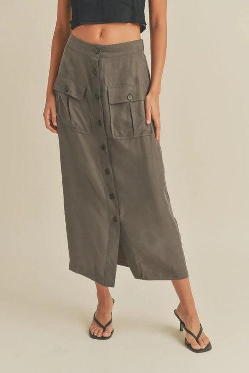 Long olive-green button-front midi cargo skirt with functional cargo pockets