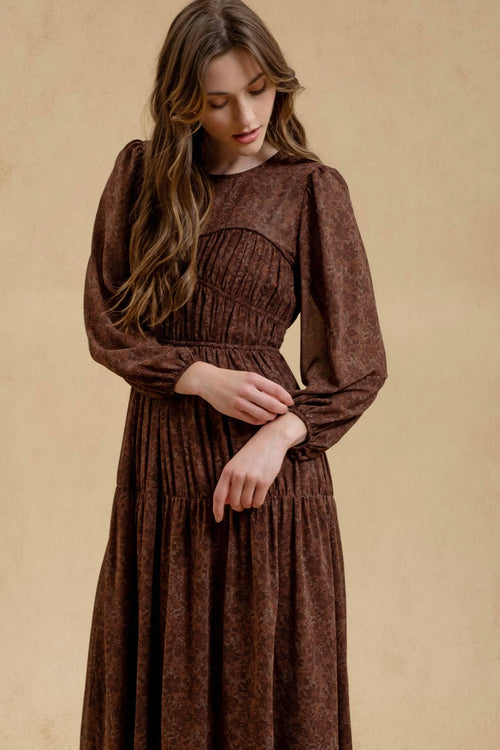 Long-sleeved brown Floral Sweetheart Shirred Maxi Dress with gathered waist and floral pattern