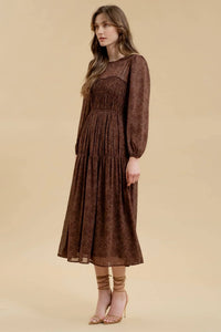 Long-sleeved brown maxi dress with tiered skirt and sheer sleeves, Floral Sweetheart Shirred