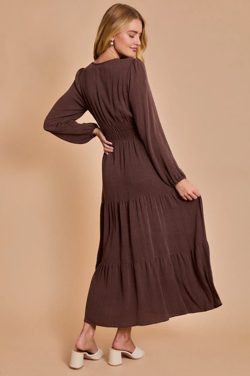 Long-sleeved brown tiered maxi dress with gathered waist for women’s boho chic clothing