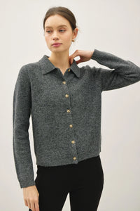 Soft wool blend long-sleeved collared button-up cardigan with gold buttons
