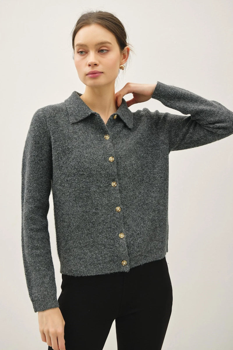 Soft wool blend long-sleeved collared button-up cardigan with gold buttons