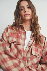 Plaid long sleeve shirt jacket in red and beige with chest pockets, stylish long sleeve shirt