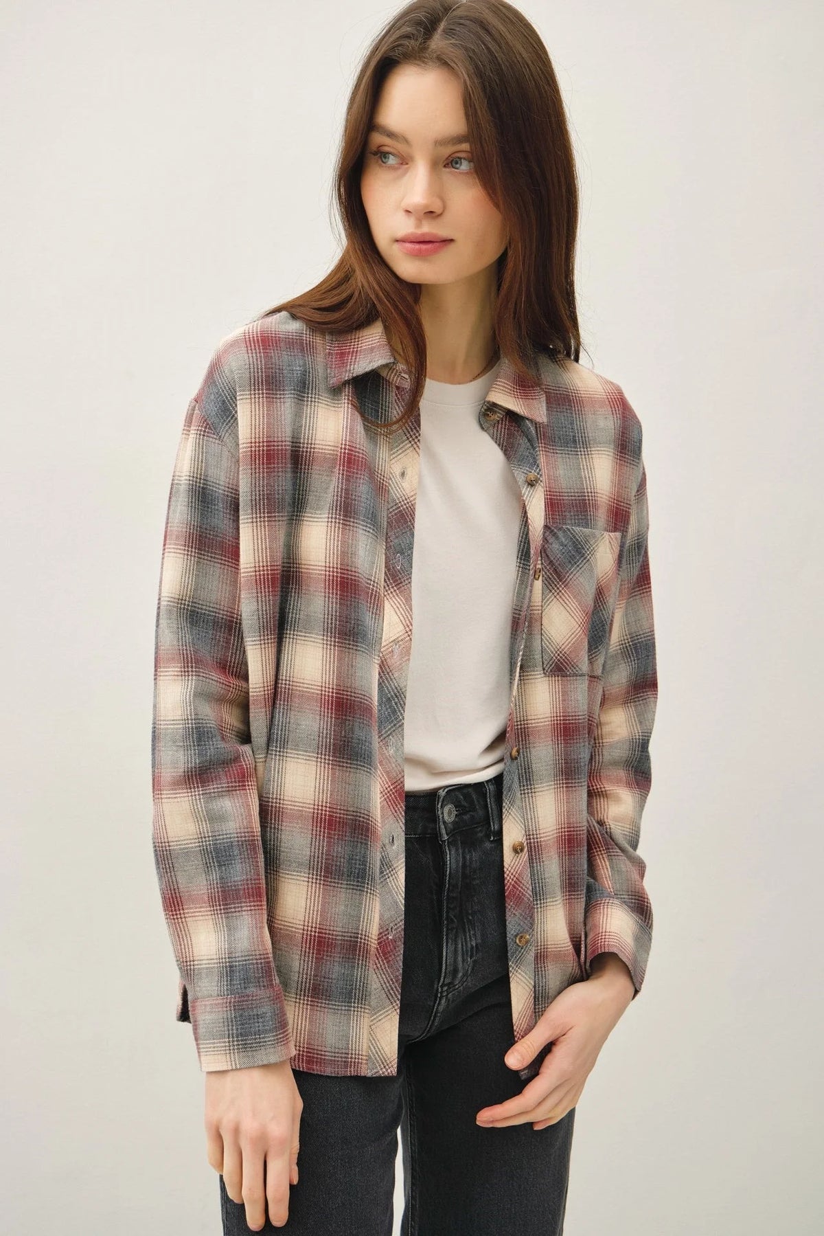 Classic cotton plaid long-sleeved shirt with red, grey, and cream pattern