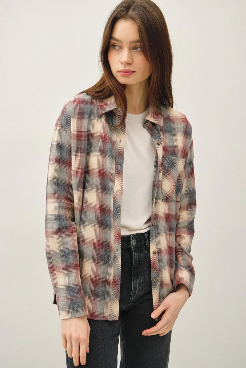 Classic cotton plaid long-sleeved shirt with red, grey, and cream pattern