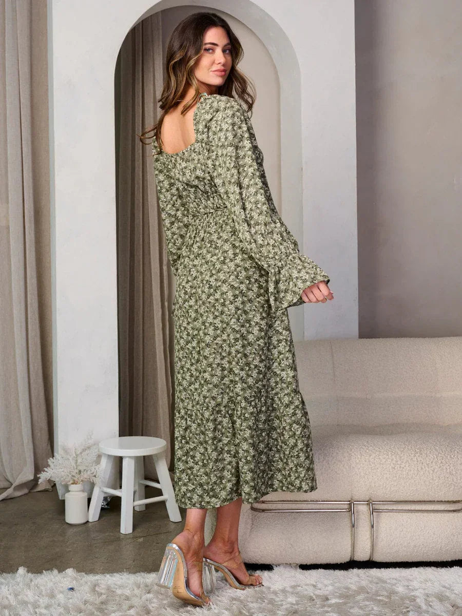 Long sleeve square neck floral maxi dress in green with an elegant open back