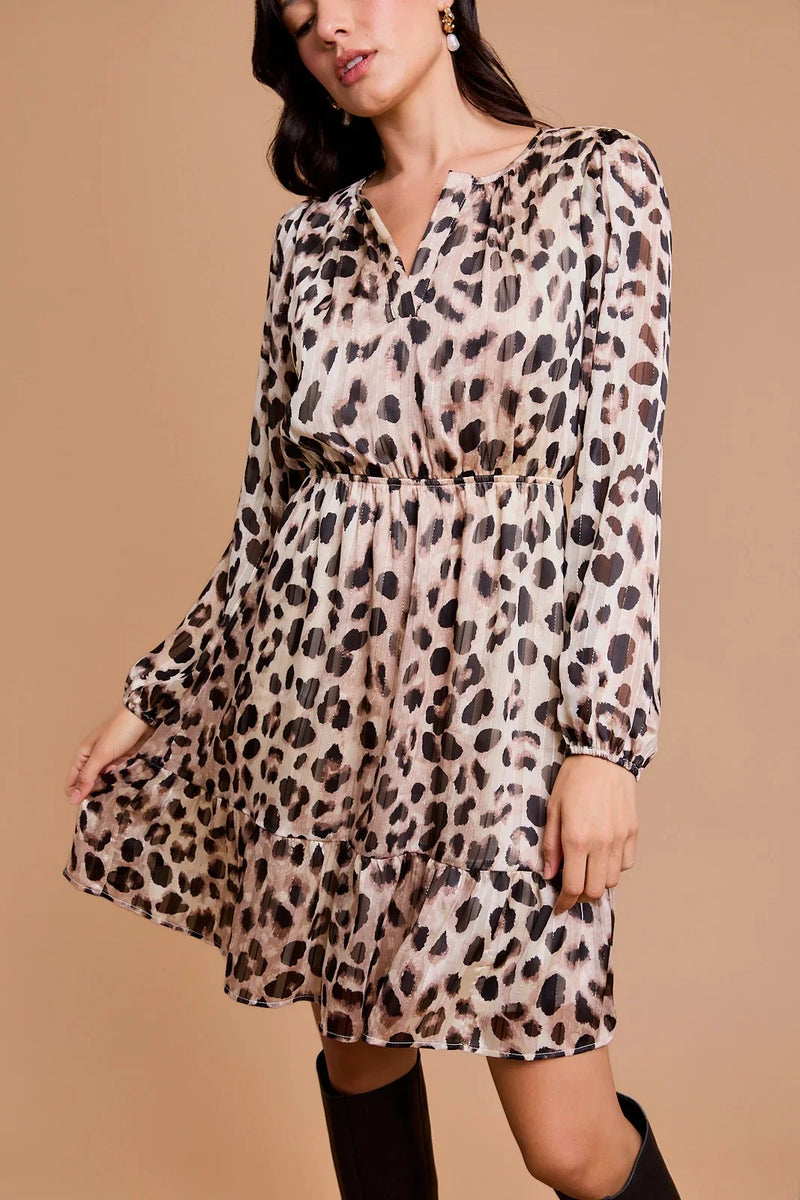 Long-sleeved animal print dress with gathered waist and flared skirt from Shop Daisy