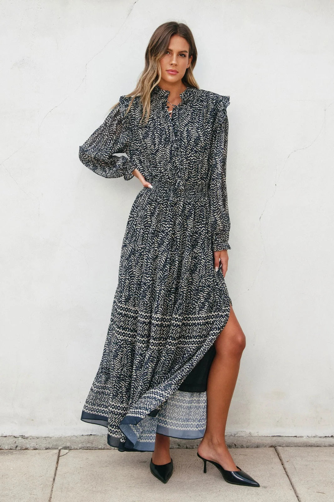 Long-sleeved patterned maxi dress from Sahara Night Maxi Dress, ideal for womens boho clothes