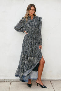 Long-sleeved patterned maxi dress from Sahara Night Maxi Dress, ideal for womens boho clothes