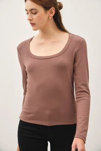 Mocha-colored basic scoop neck long sleeve top displayed in the BASIC SCOOP NECK LONG SLEEVE TOP product image